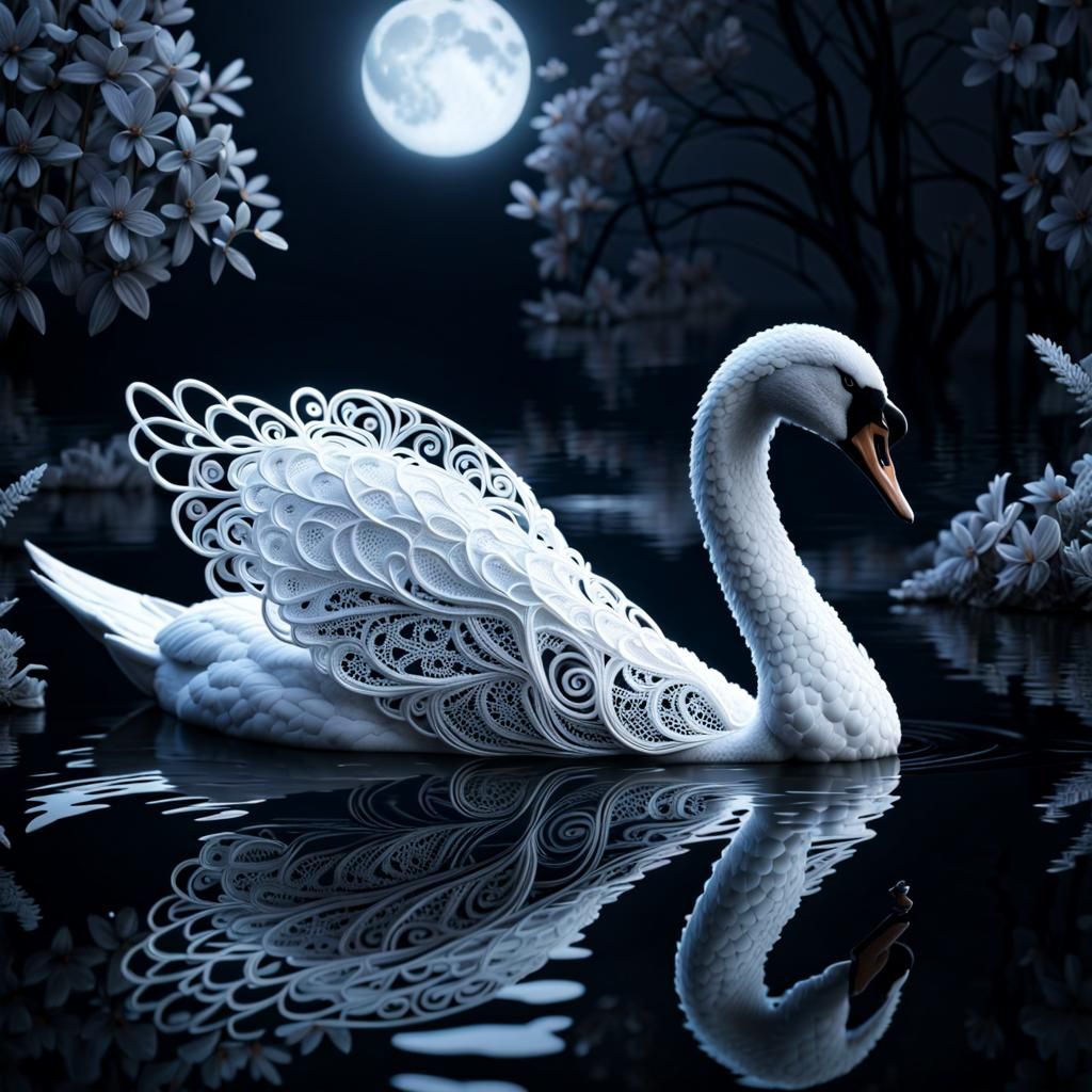 Lace Swan on Moonlit Pond in High Quality CGI