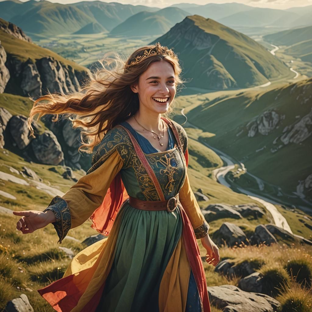 Pretty Medieval Girl With Brown Hair in Mountains