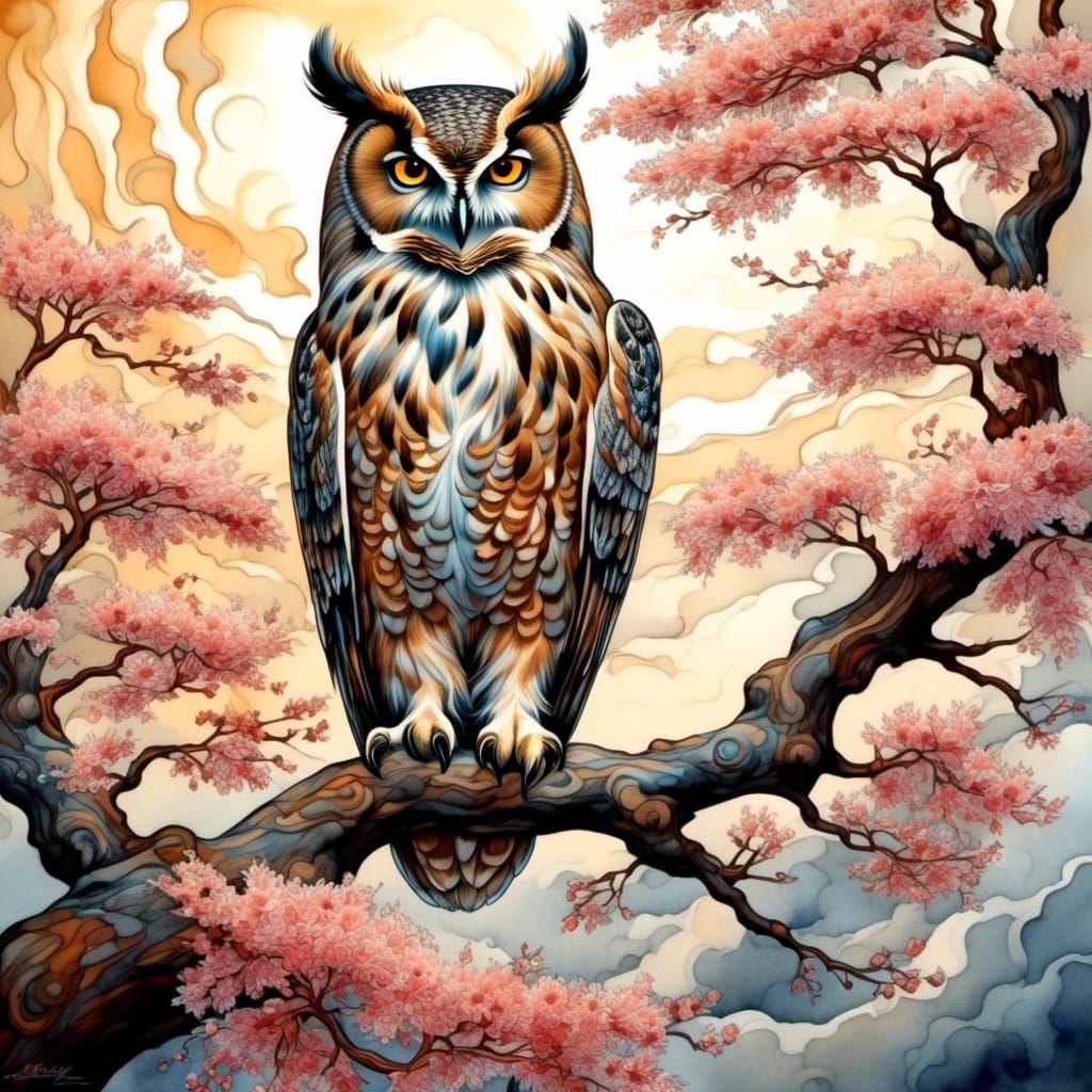 Majestic Owl on Cherry Tree Branch