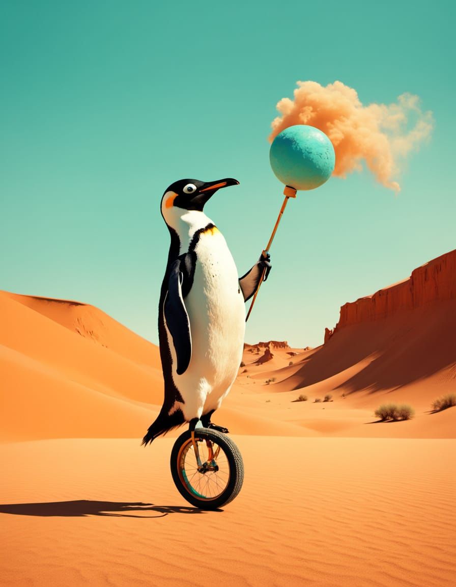 Penguin in Surreal Desert Landscape