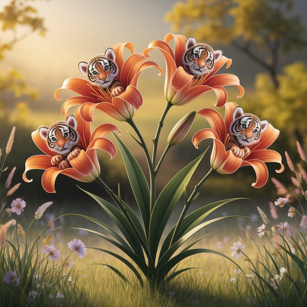 Tiger Cubs Hidden in a Field of Lilies
