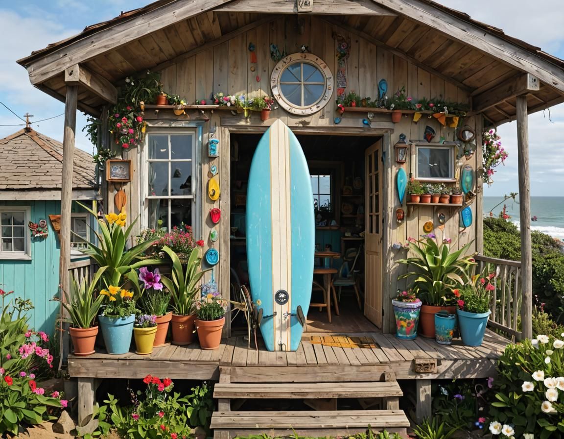 Whimsical Surf Shack by the Beach in Pop Surrealism