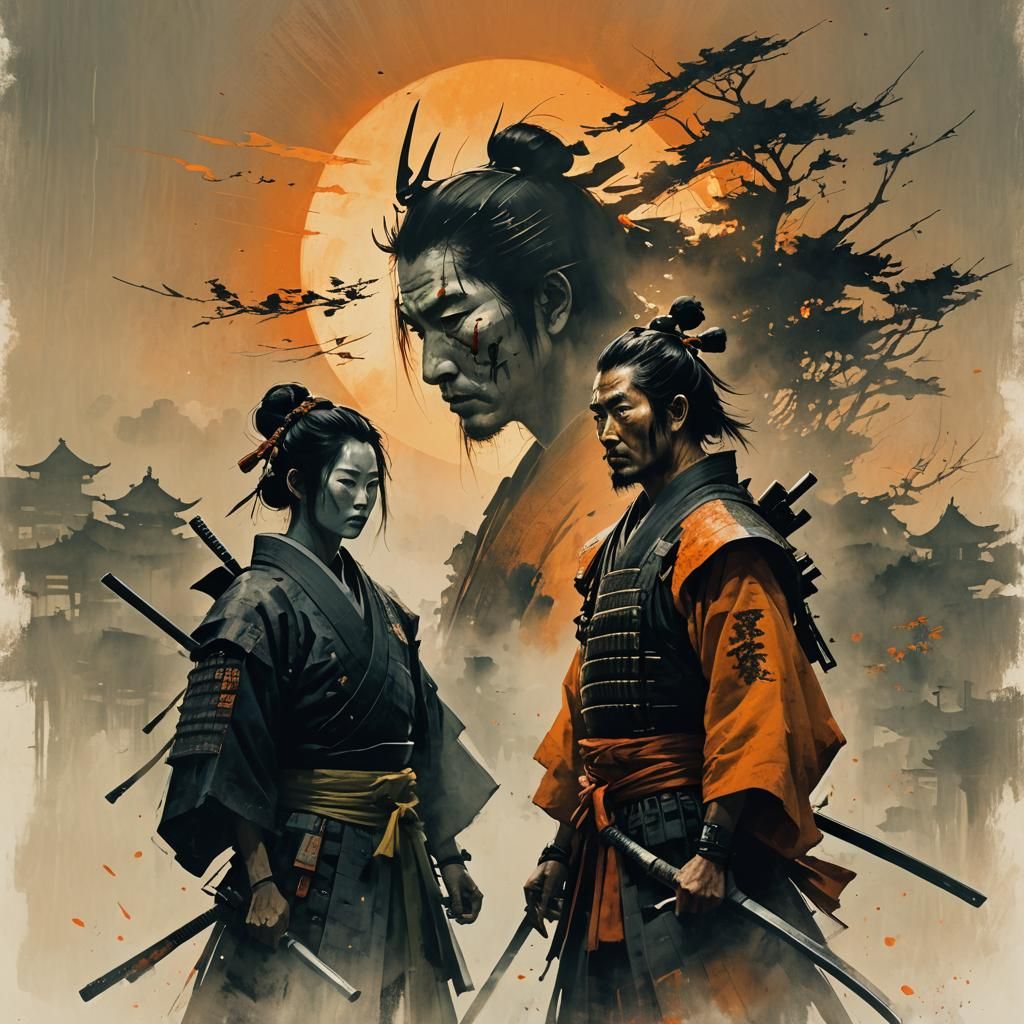 a Samurai warrior and a Geisha silhouetted face against a orange summer sky, cinematic painted by jeremy mann, hi...
