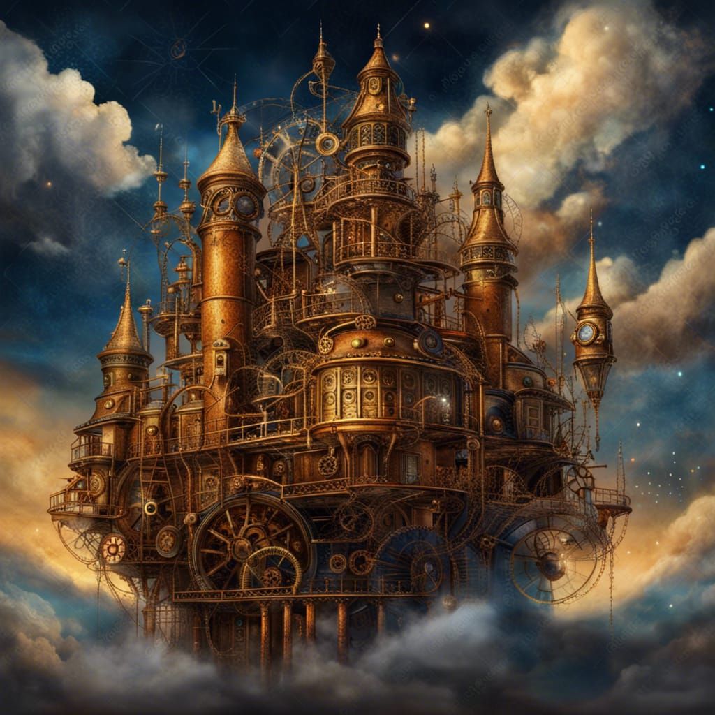 Golden Steampunk Castle Above the Clouds