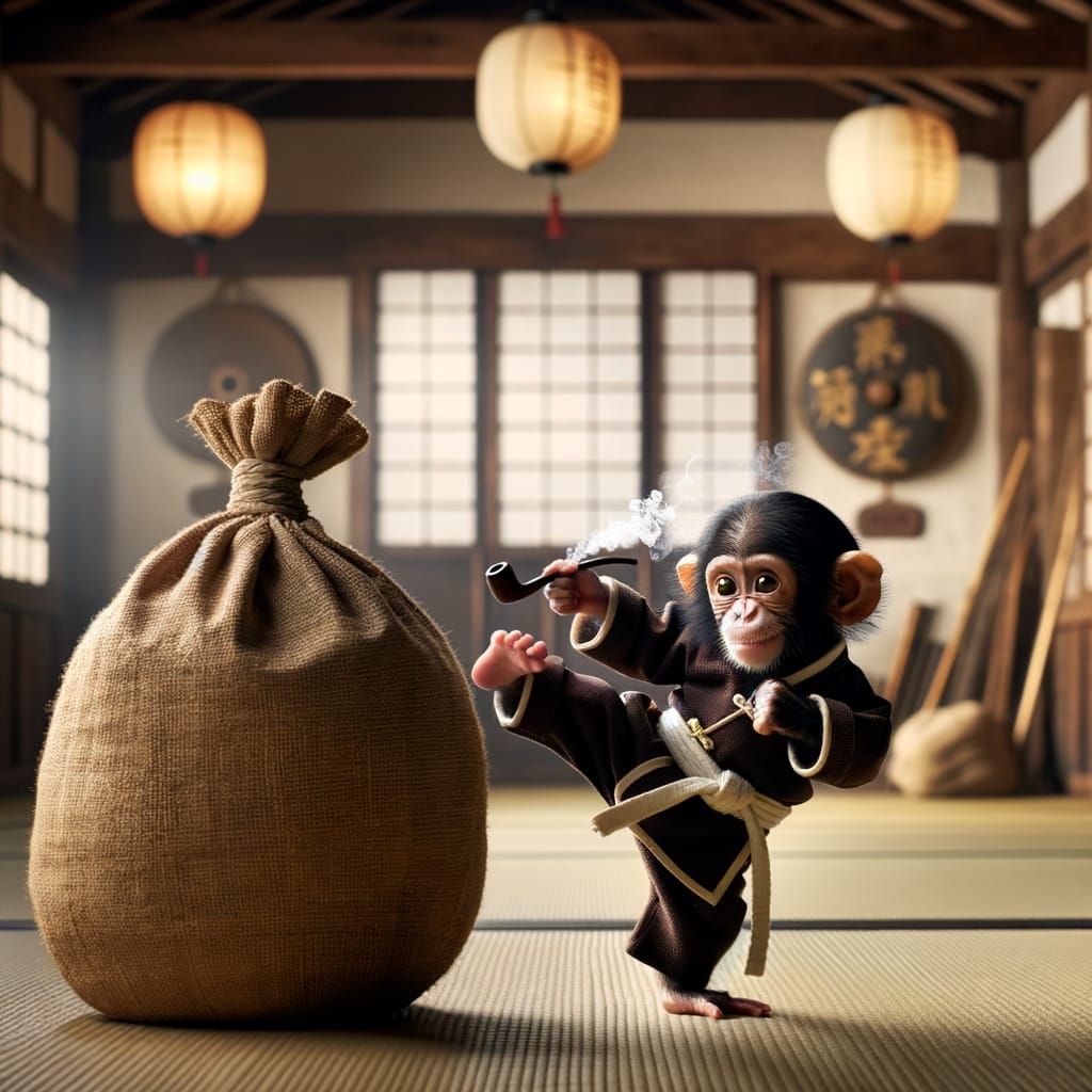Confident Baby Chimpanzee Kicks Kung Fu Style in Serene Trad...