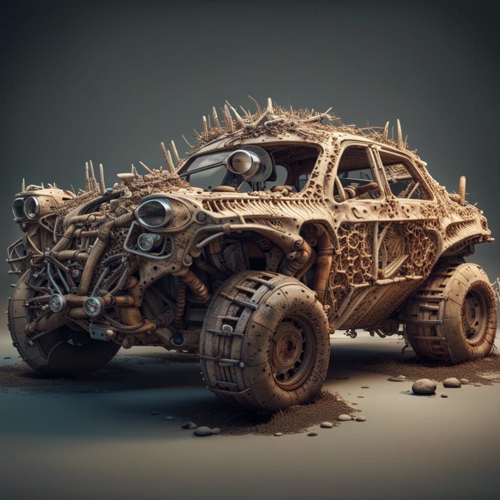 Hyperrealistic Caveman Car with Organic Machine Parts