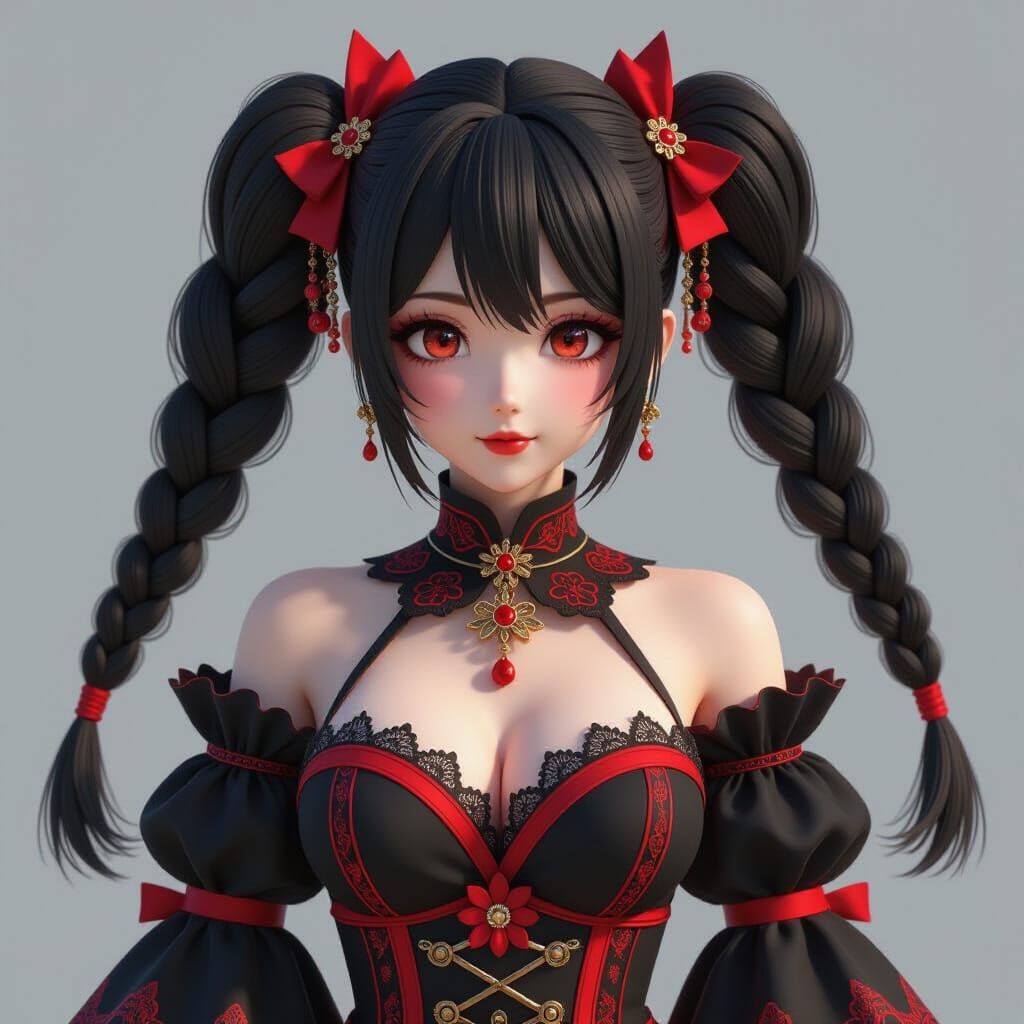 Anime Woman with Red and Black Pigtails