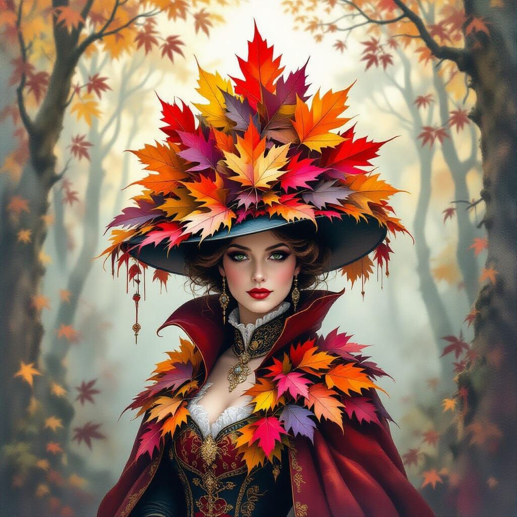 Regal Figure with Autumn Leaf Crown in Misty Forest