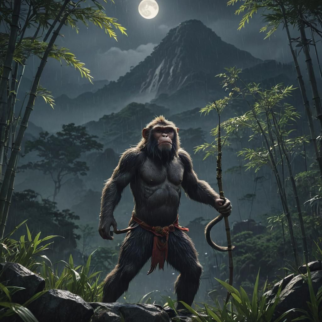 Monkey King Under Moonlight, Hyperrealistic 3D Render