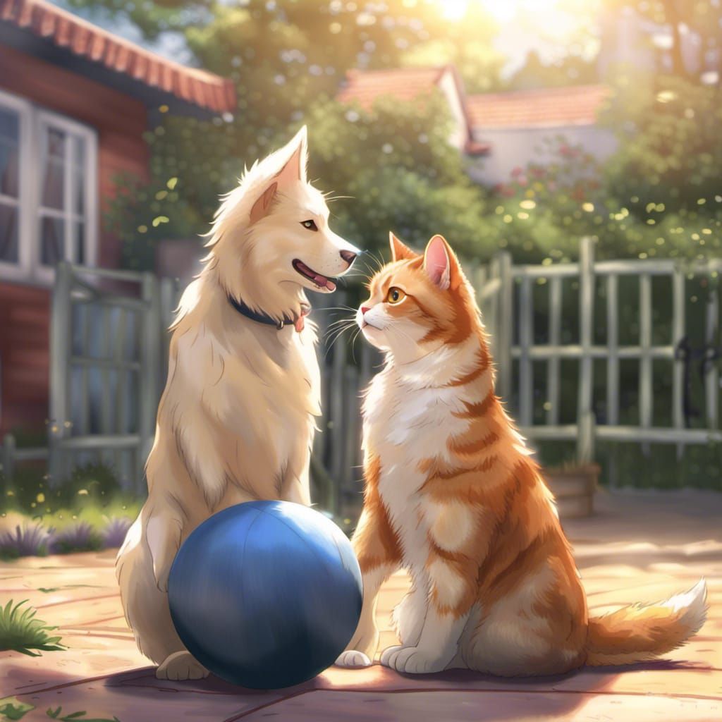 Dog and Cat Play: Anime-Inspired Digital Art