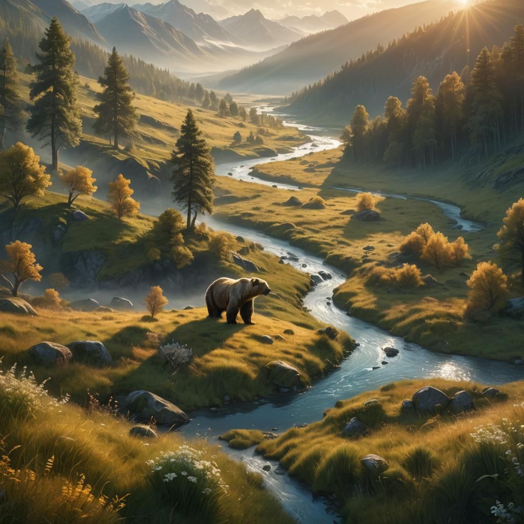 Ethereal Bear in Enchanted Valley: High Fantasy Matte Painti...