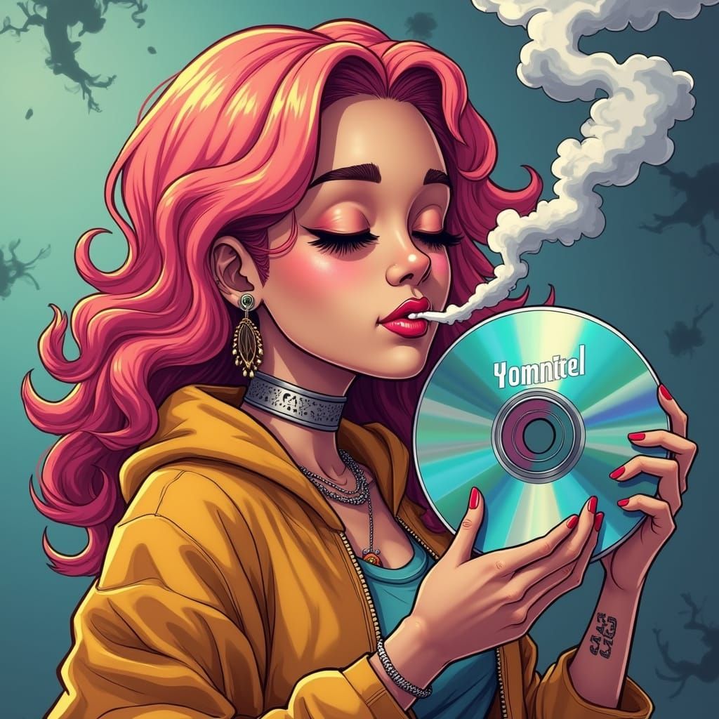 Anime Girl Smoking with Swirling Smoke Background