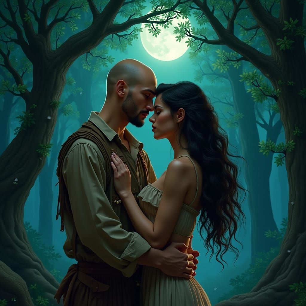Gentle Moonlit Embrace in a Mystical Forest