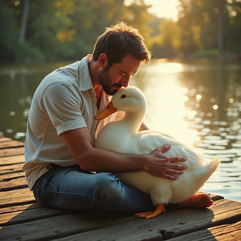 Affectionate Portrait: Man and Duck on Dock
