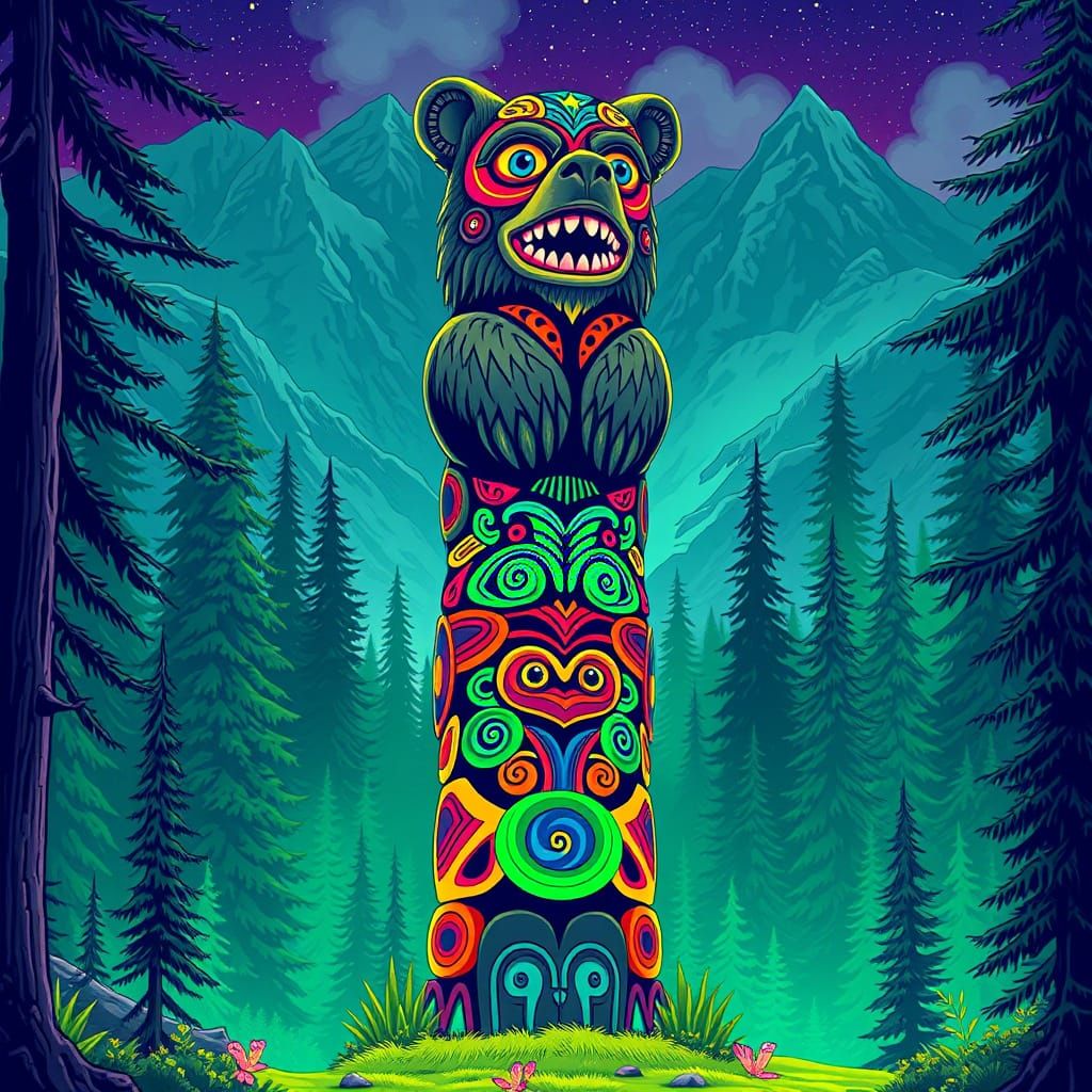 Psychedelic Grizzly Bear Totem Pole in Alpine Forest