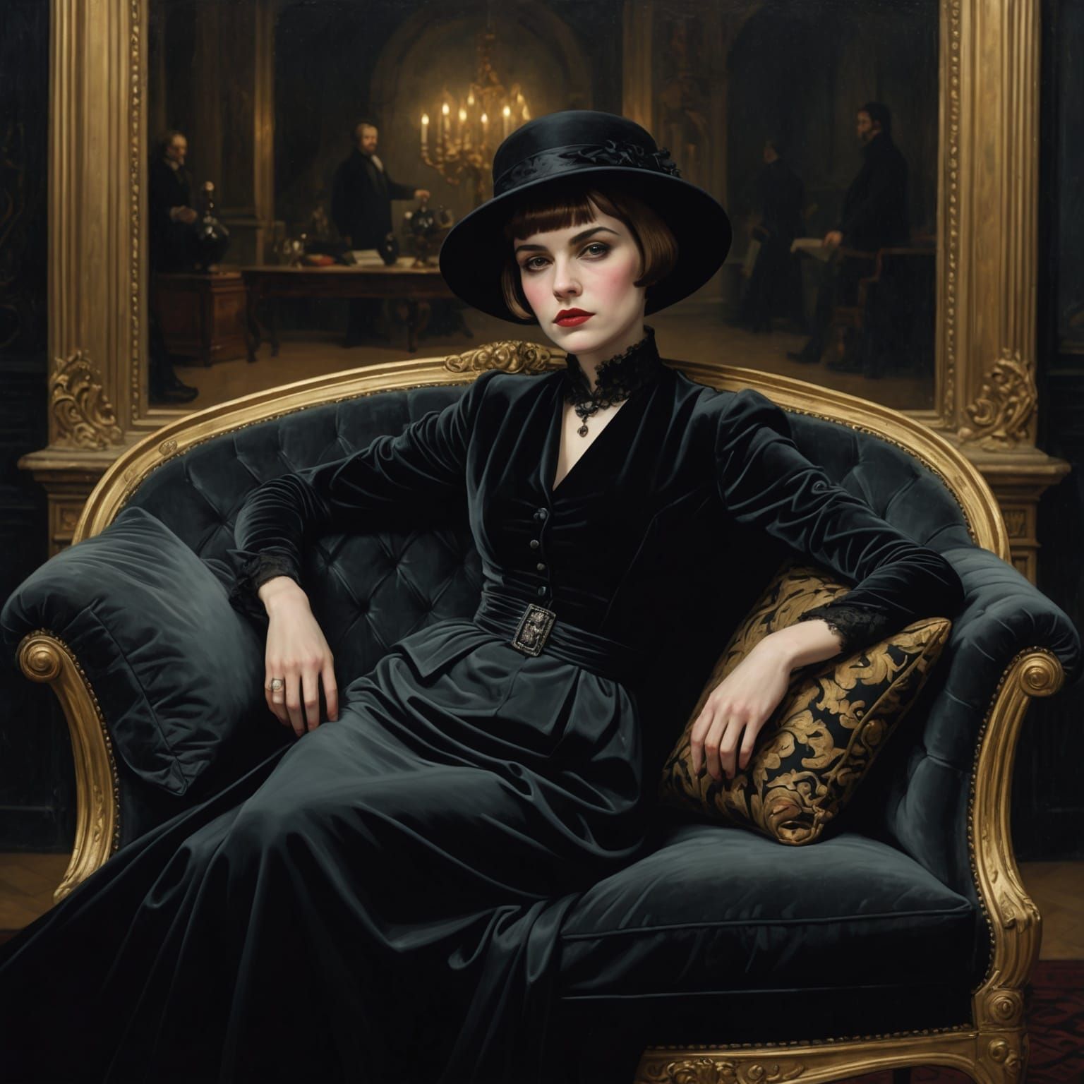 Gothic Woman in Mourning Outfit on French Sofa