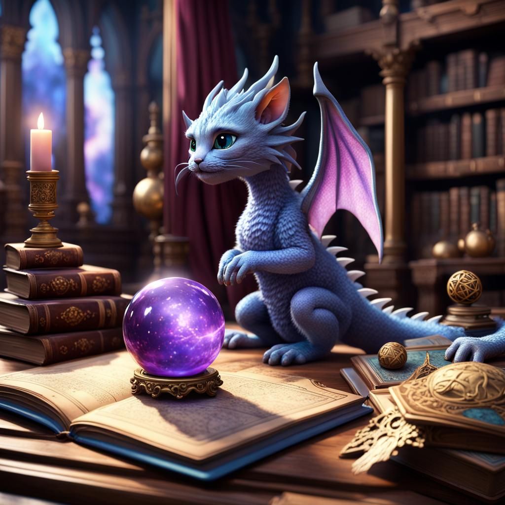 Baby Dragon and Cat in Esoteric Library