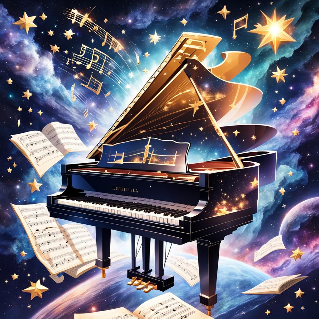 Grand Piano Among Stars in Space