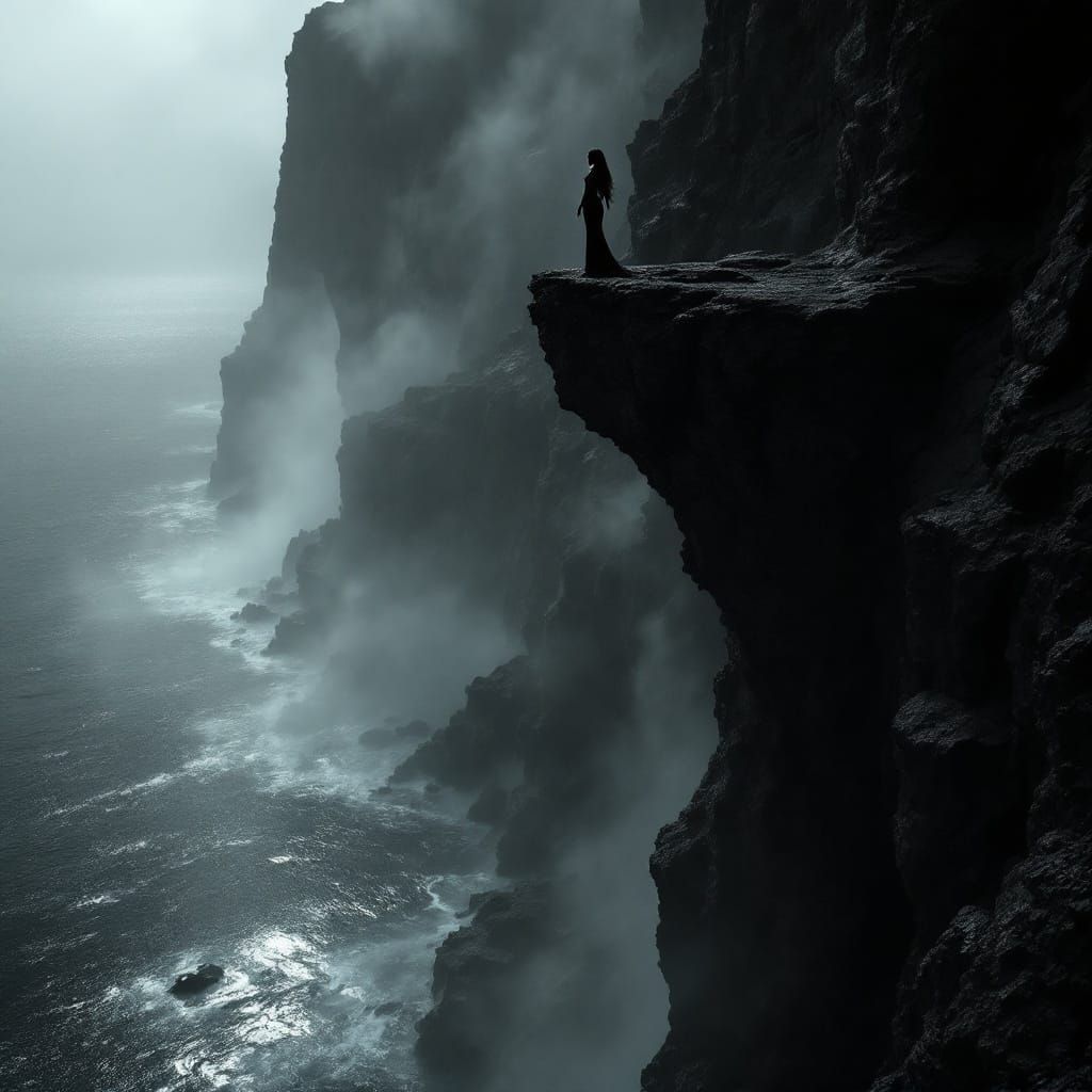 Ethereal Woman Poised on Cliff's Edge in Monochrome