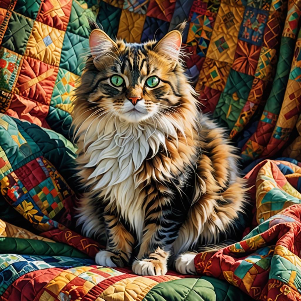 fluffy cat nestled comfortably on a patchwork blanket