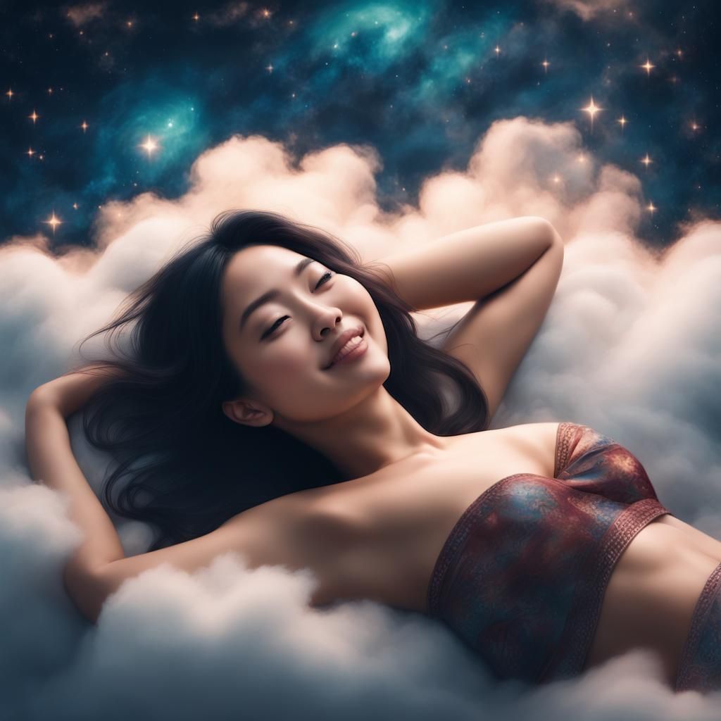 Dreamy Asian Goddess Relaxing on Cloud in Dark Fantasy Style