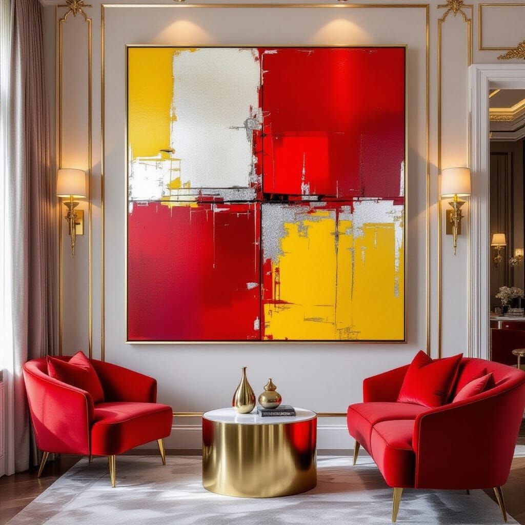 Abstract Expressionist Painting in Red, Silver, and Yellow