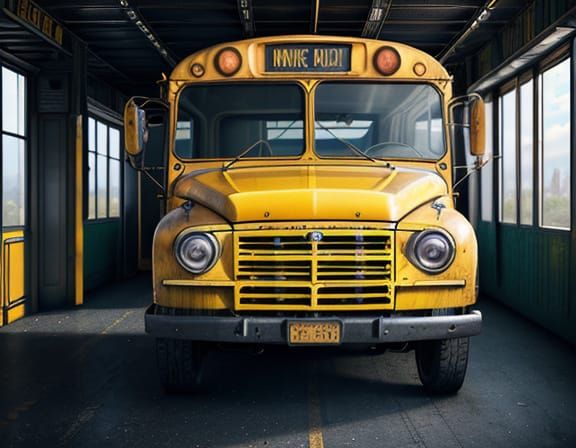 Vibrant Retro Bus Garage Portrait in Epic Detail