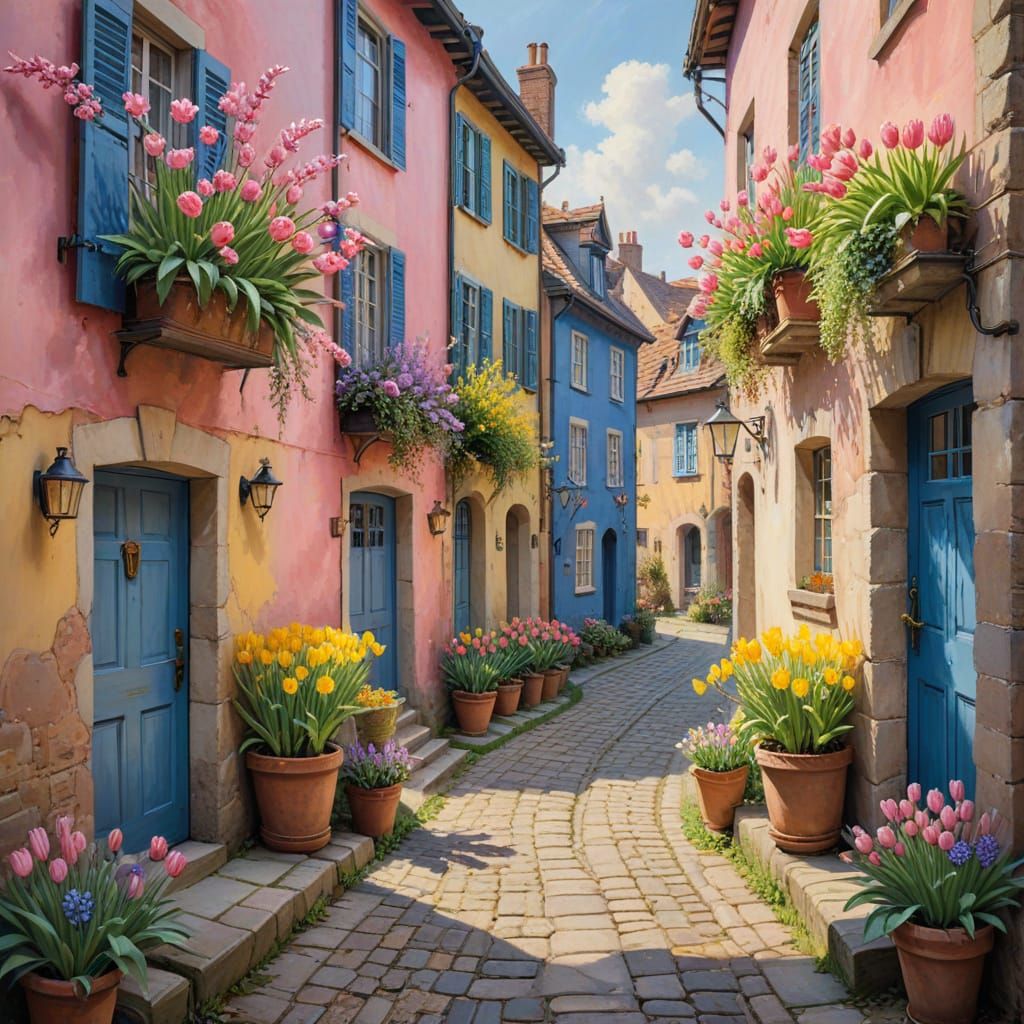 Vibrant Springtime Alley in Old European Town Painting