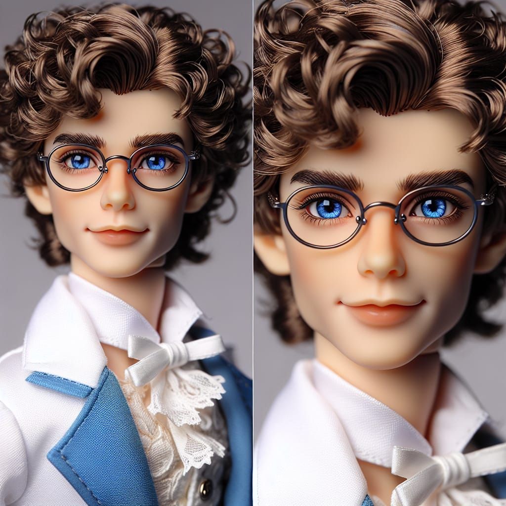 Male dol with short curly brown hair with blue framed glasses  A costume with a blue and white color scheme, inspired by...