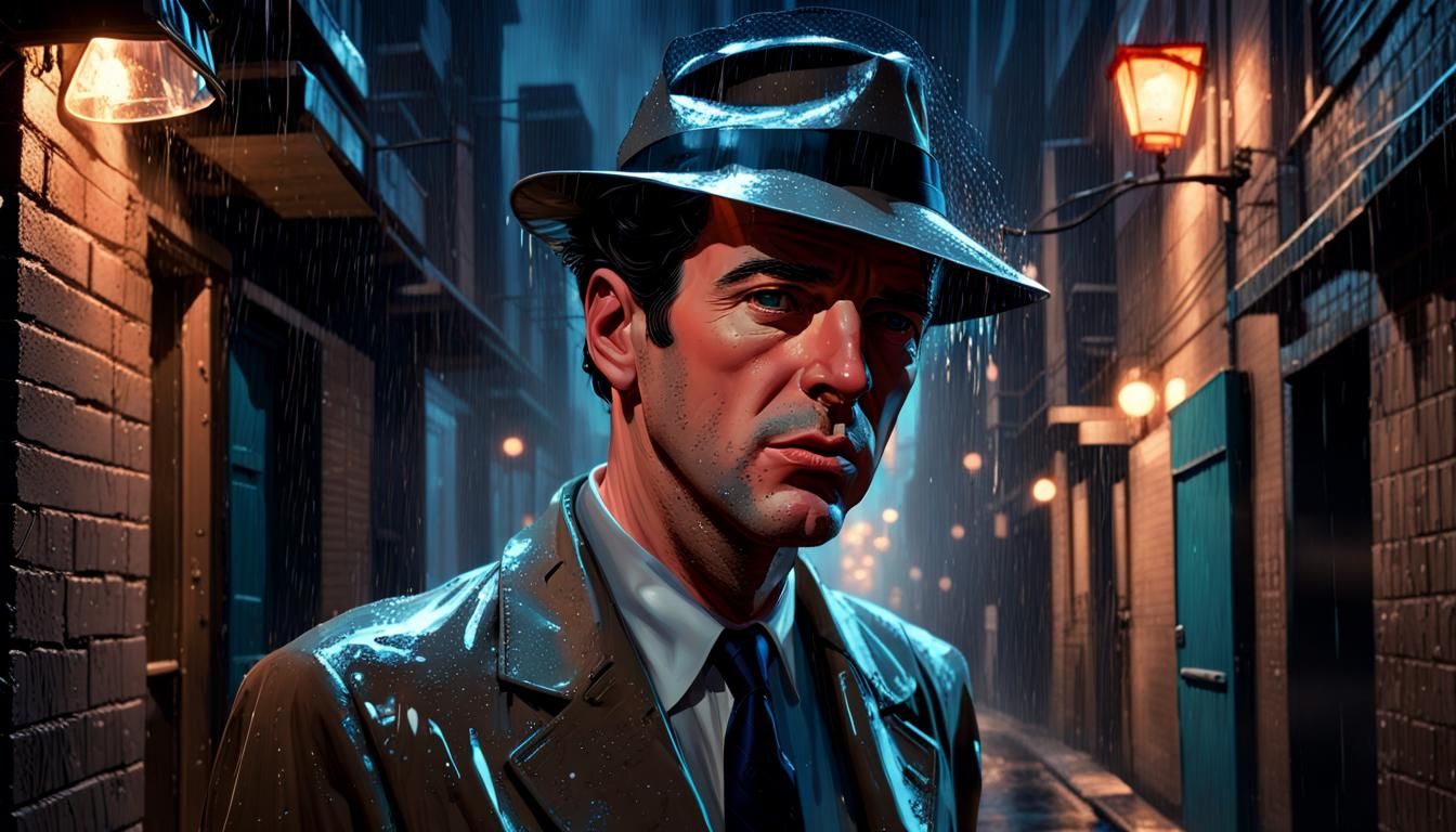 Philip Marlowe Hologram in Rainy Alley: Hyperrealistic Conce...