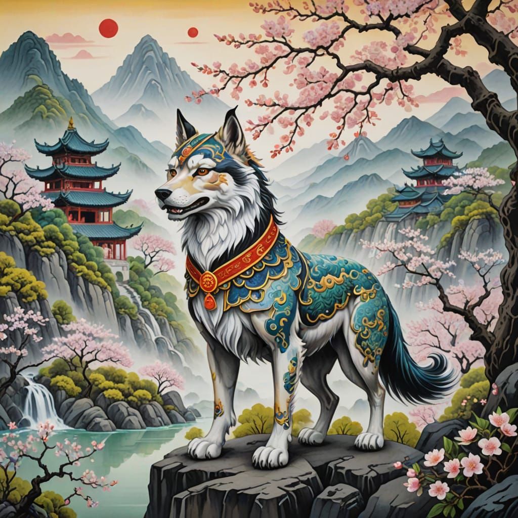 Majestic Canine Guardian in Traditional Chinese Landscape