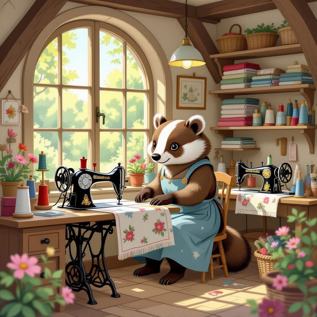 Badger Tailor Shop in Sun-Dappled Woodland