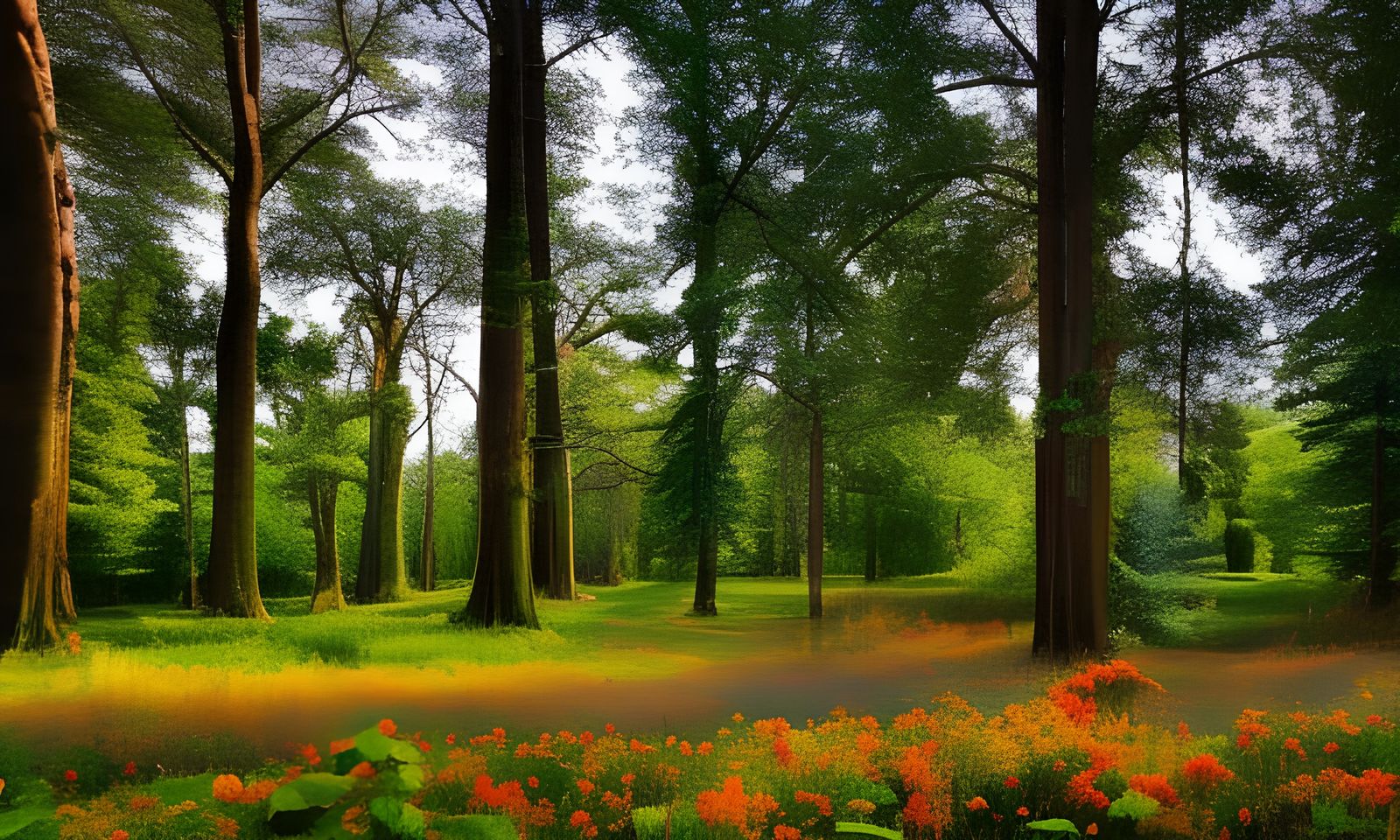 Lush Woodland Scene with Oak Trees and Flowers