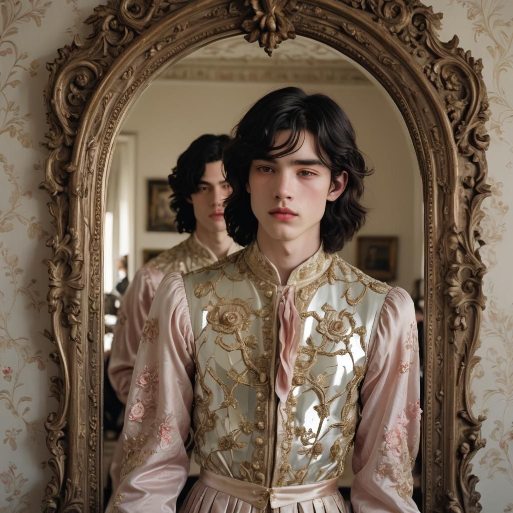 Boy Gazing in Mirror with Ethereal Anime Style