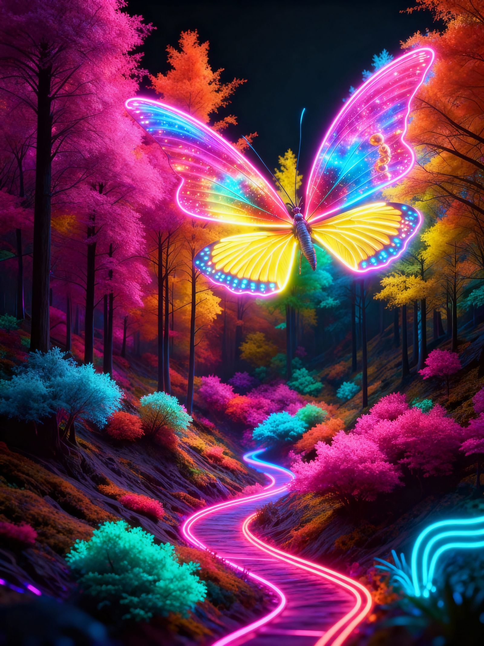Neon Landscape With Glowing Butterflies