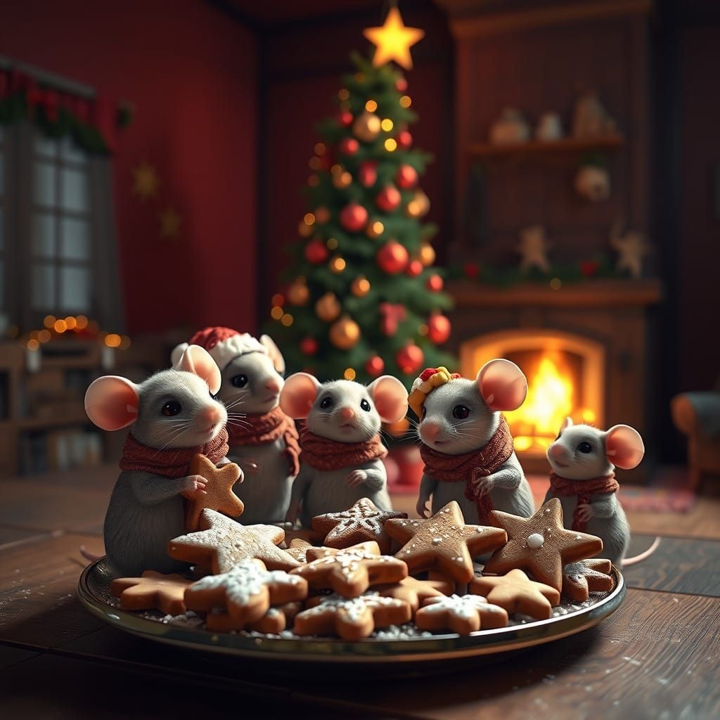 Magical Christmas Scene with Mice in 3D Digital Art