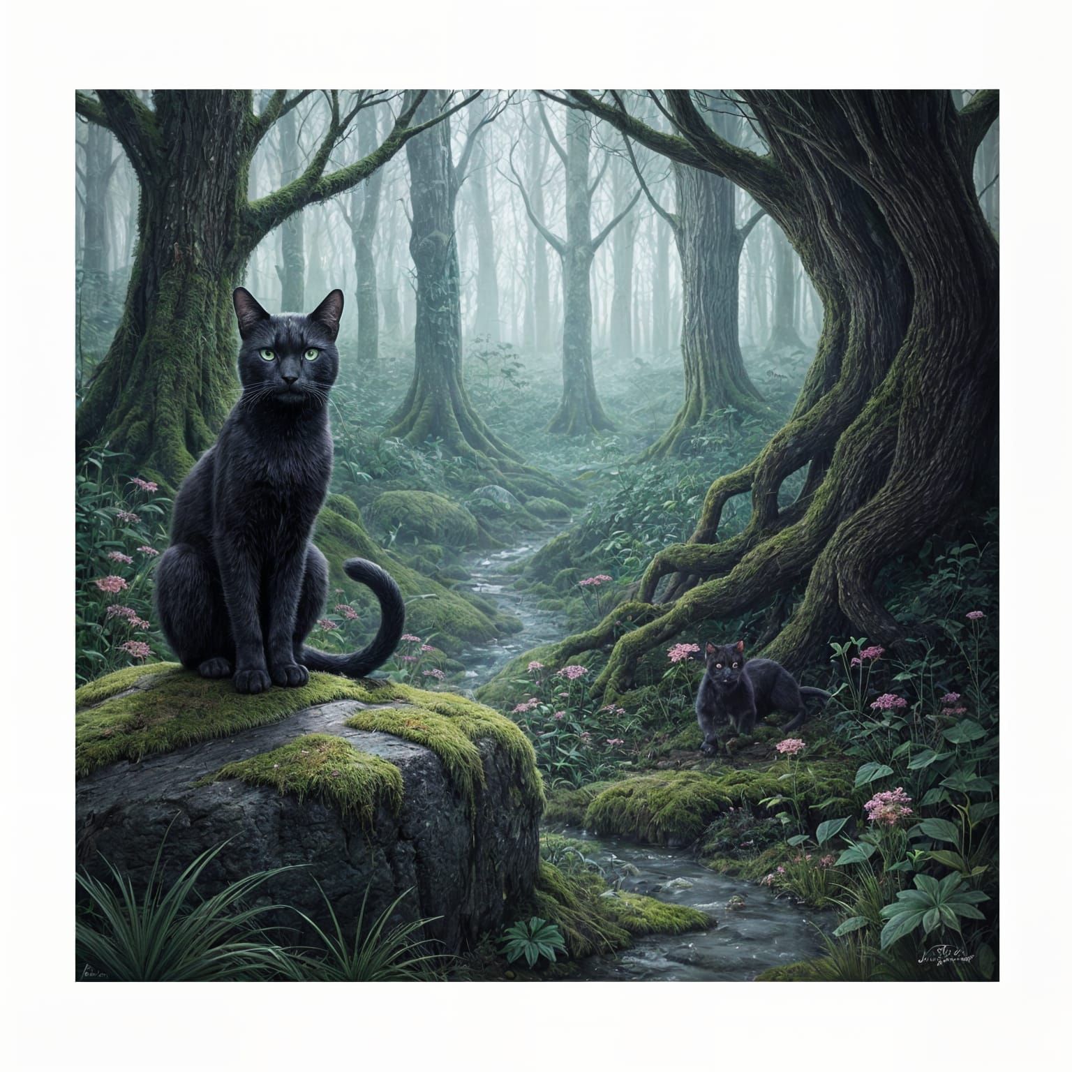 Black Cat on Mossy Stone in Enchanted Forest
