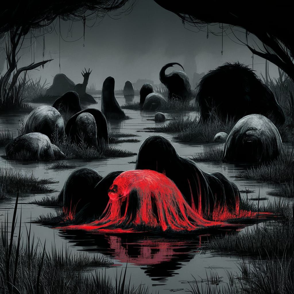 Eerie Marsh Creatures in Black, White and Red