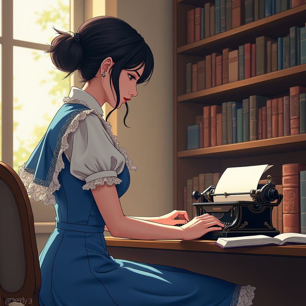 Woman Typing at Vintage Machine in Anime Style