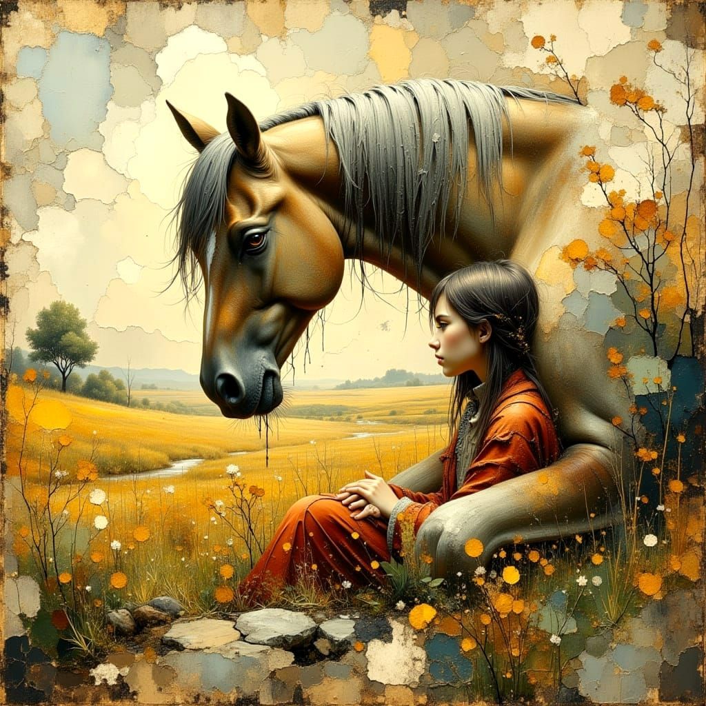 Girl and Horse at Dawn in Impasto Oil Painting Style