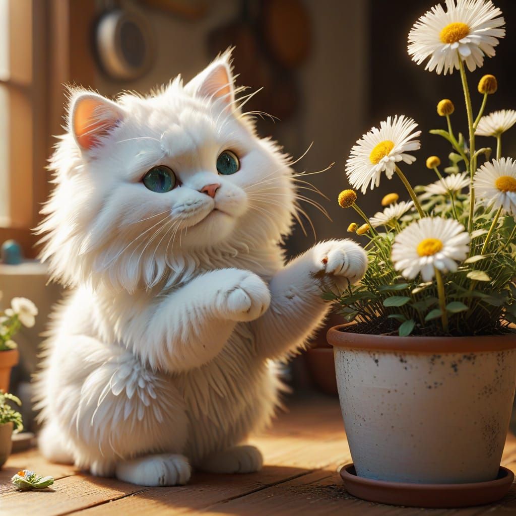 Fluffy White Cat with Flower Pot: 3D Pixar Cartoon