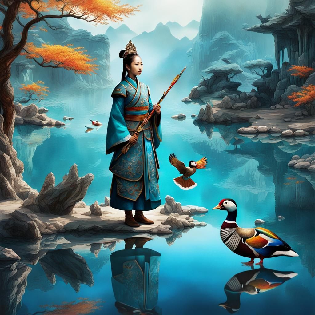 Asian Princess Warrior with Mandarin Duck in Panorama