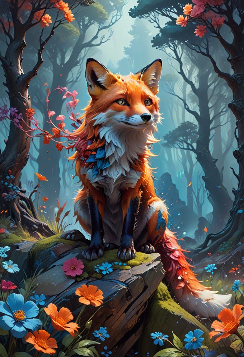Vibrant Fox in Mystical Forest