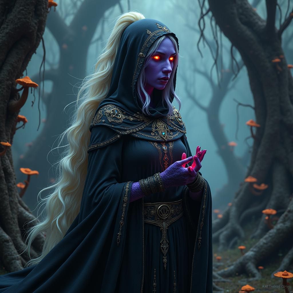 Drow Sorceress in Mystical Realm, Dark Fantasy Art