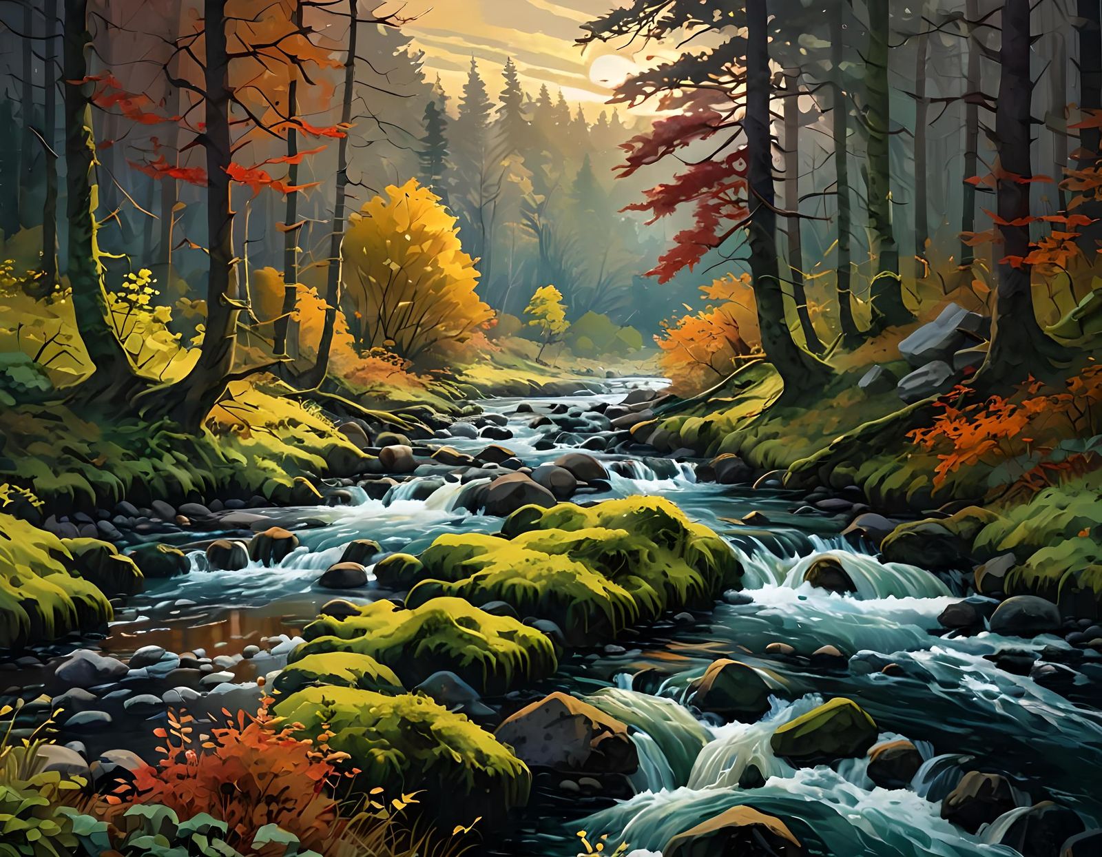 Autumn River in Impressionist Gouache Style