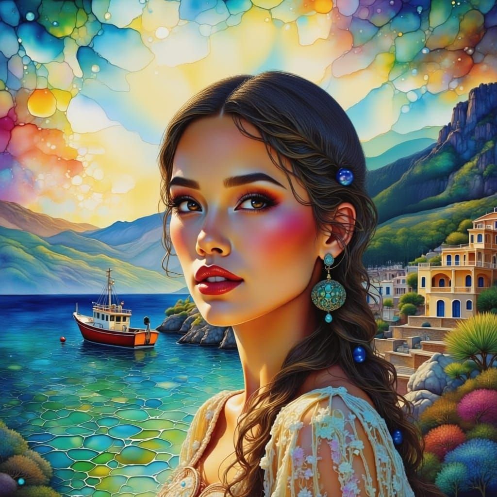 Elegant Greek Woman by Aegean Sea in Twilight