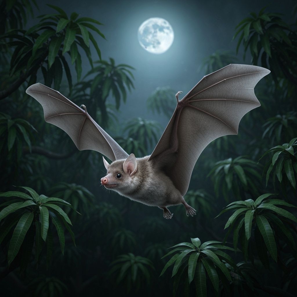 Fruit Bat Flying in Moonlit Orchard