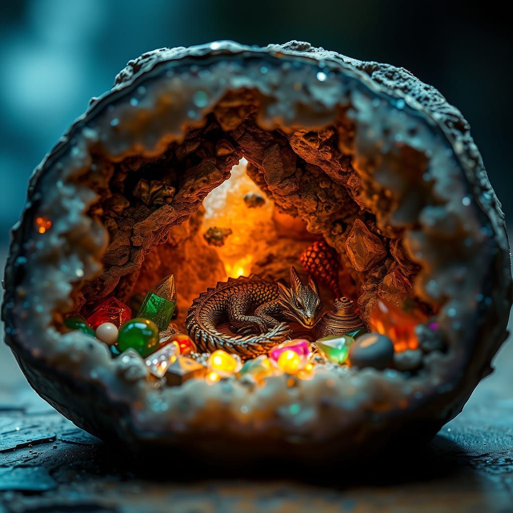 a miniature dragon's cave hidden inside a geode