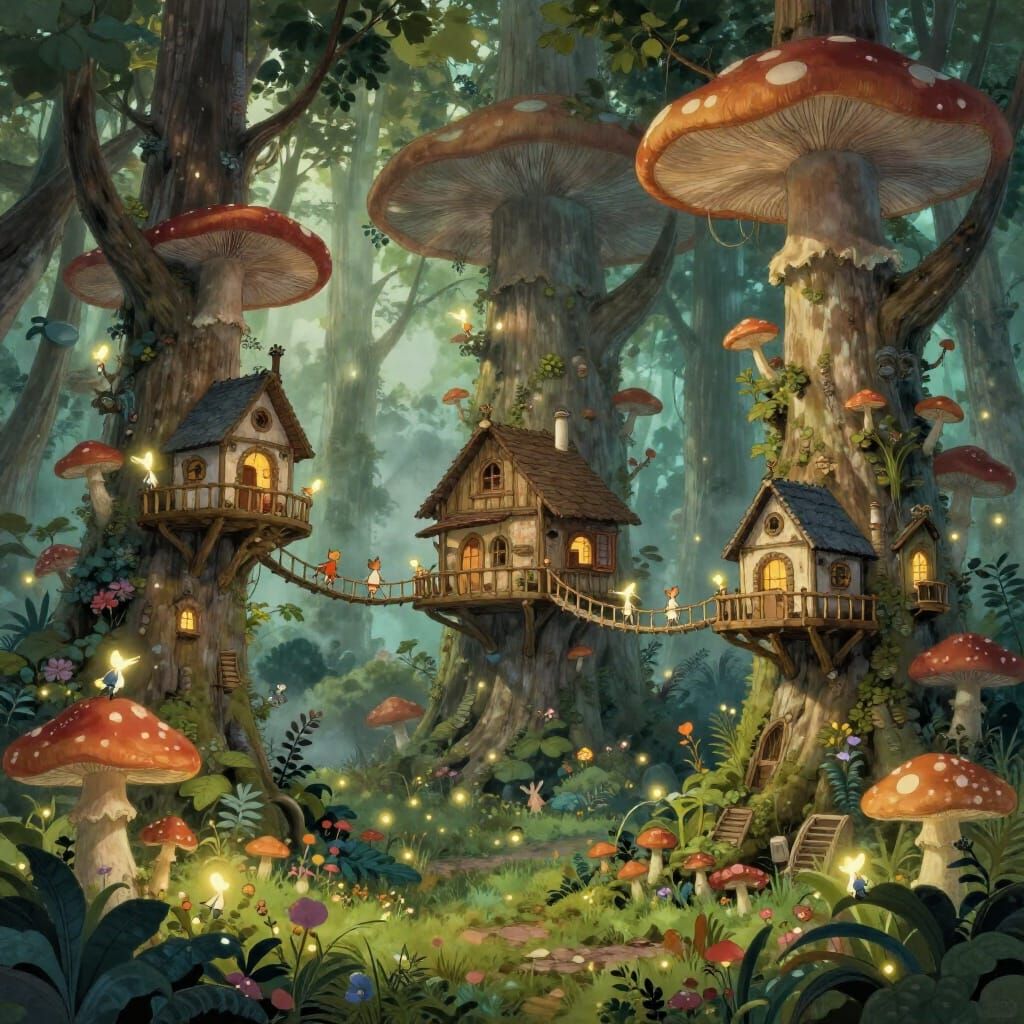 Whimsical Treehouse Village in Glowing Mushroom Forest