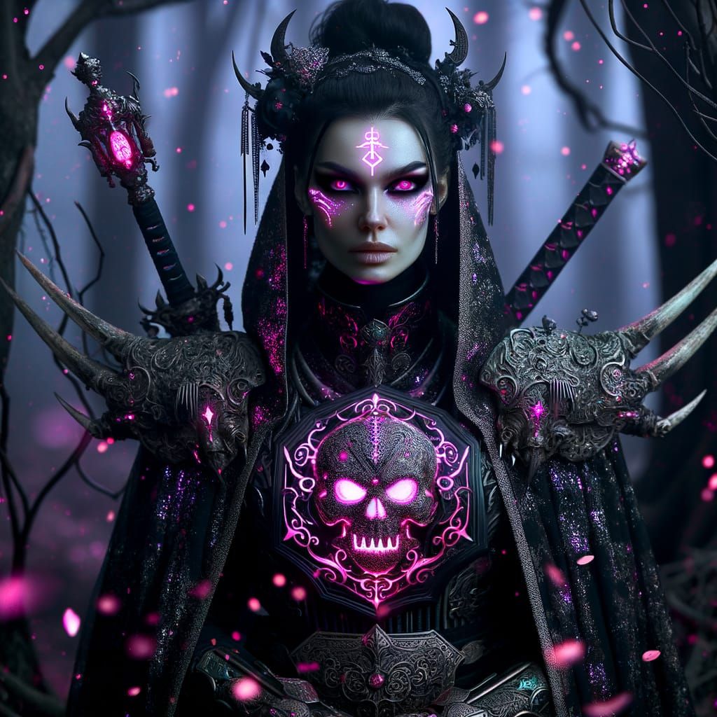 Cyberpunk Warrior Goddess in Dark Forest